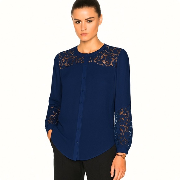 Veronica Beard Tops - Veronica Beard Silk Navy Blue Lace Blouse Sz S-M